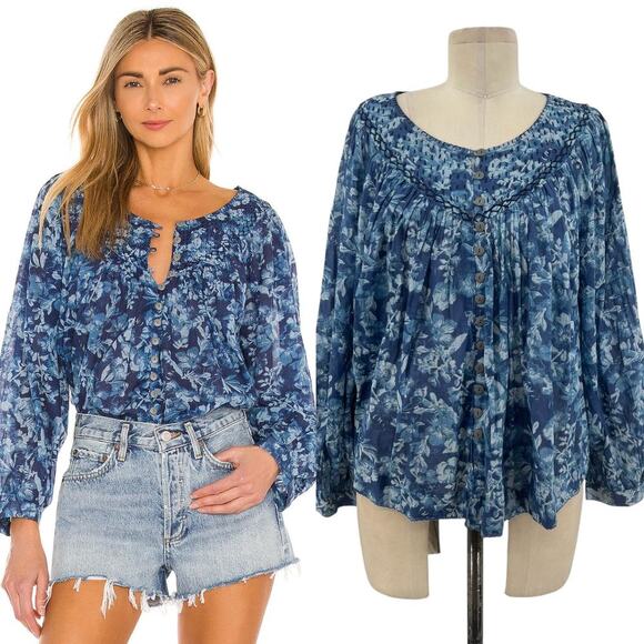Free People Tops - Free People Cool Meadow Printed Top Denim Combo Blue Floral Size XS